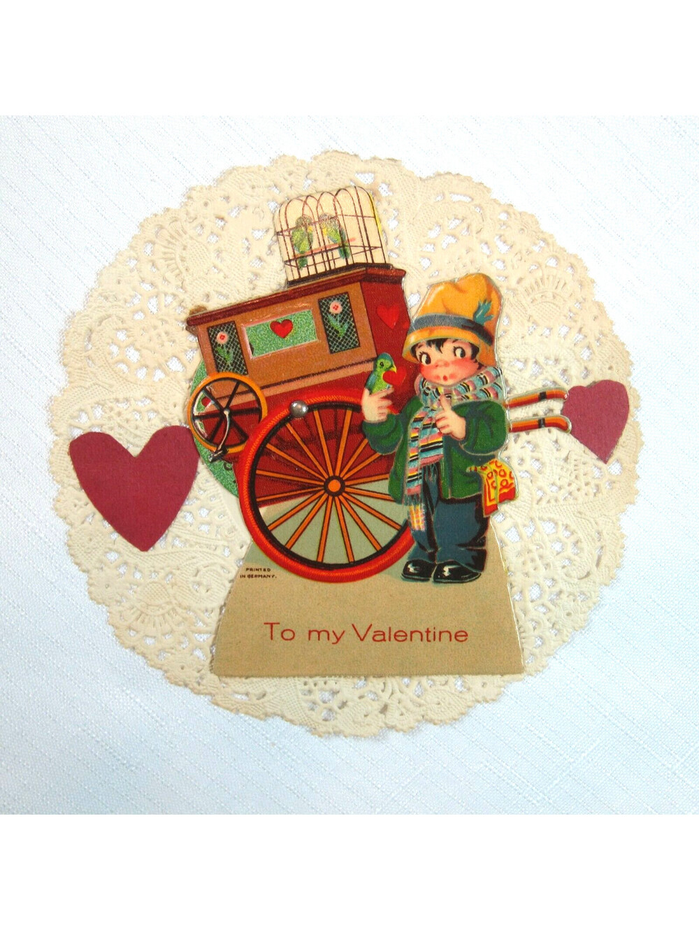 Vintage 1931 Valentine Card Mechanical Boy w/ Birds Wagon Own True Love Germany